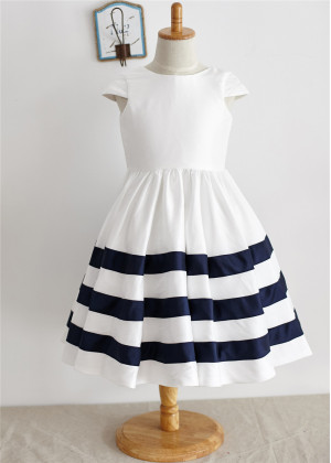 Ivory Navy Blue Taffeta Stripes Knee Length Flower Girl Dress